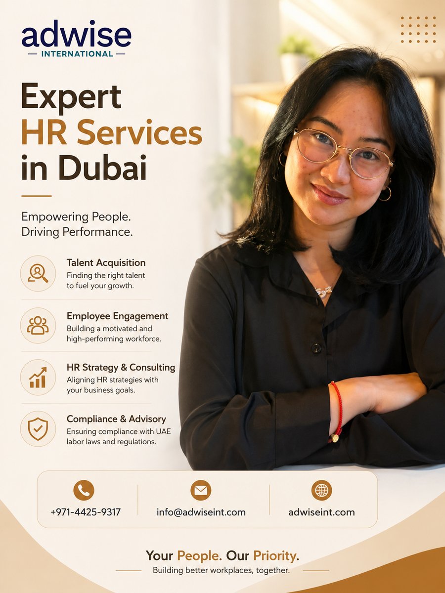 adwise_int's tweet photo. 💼 Build a stronger workforce with trusted HR solutions in Dubai!

At Adwise International, we help businesses streamline their HR operations with professional and reliable support tailored to their growth. From talent acquisition to HR strategy, our expert team is committed to helping your business succeed. 🚀

✅ Talent Acquisition
✅ Employee Engagement
✅ HR Strategy & Consulting
✅ Compliance & Advisory
Empowering people. Driving performance. 🌟
📞 +971-4425-9317
📧 info@adwiseint.com
🌐 https://t.co/qp5LRtrjwW
#HRServices #DubaiBusiness #HumanResources #HRConsulting #Recruitment #TalentAcquisition #BusinessGrowth #EmployeeEngagement #HRSolutions #DubaiCompanies #CorporateServices #BusinessSupport #UAEBusiness #AdwiseInternational #ProfessionalServices