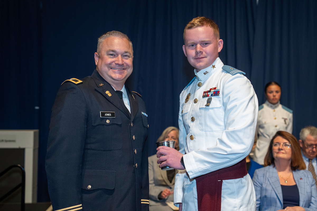 ShssCitadel's tweet photo. Congratulations to History Major Jacob Miller for receiving the Francis Marion Cup, awarded to a graduating senior cadet who has done exemplary academic work in American history courses. The Rebecca Matte Chapter of the Daughters of the American Revolution sponsors the award. https://t.co/G2A7pjx7Cd