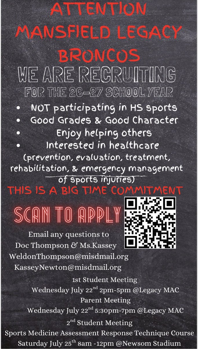 MsKasseyAT's tweet photo. 🚨🚨 Future Mansfield Legacy Broncos Interested in Joining Athletic Training!!! Fill Out The Application Linked Below!! Join The Team Behind The Team That Keeps The Team Going‼️
https://t.co/mvxe0UGSqa https://t.co/I74AhcXotL