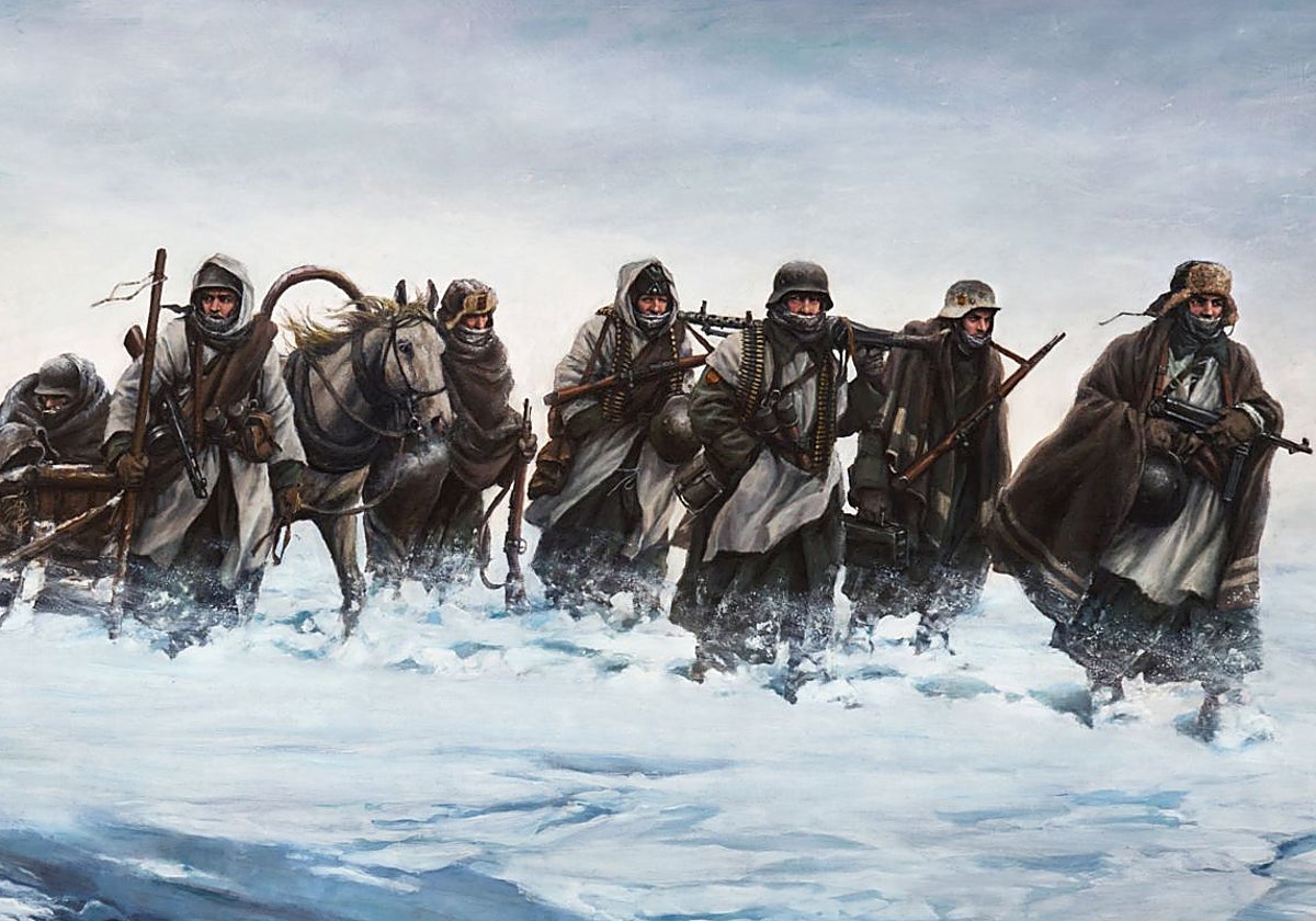 Tokkotai___'s tweet photo. Nueva obra del maestro @DalmauFerrer dedicada a la epopeya de la Compañía de Esquiadores de la #División_Azul durante su misión de rescate de los miembros 290.Infanterie-Division de la #Wehrmacht cercados por el Ejército Rojo en Vsvad, al sur del Lago #Ilmen
#Ostfront #WW2 #SGM https://t.co/tamiuTKf8z
