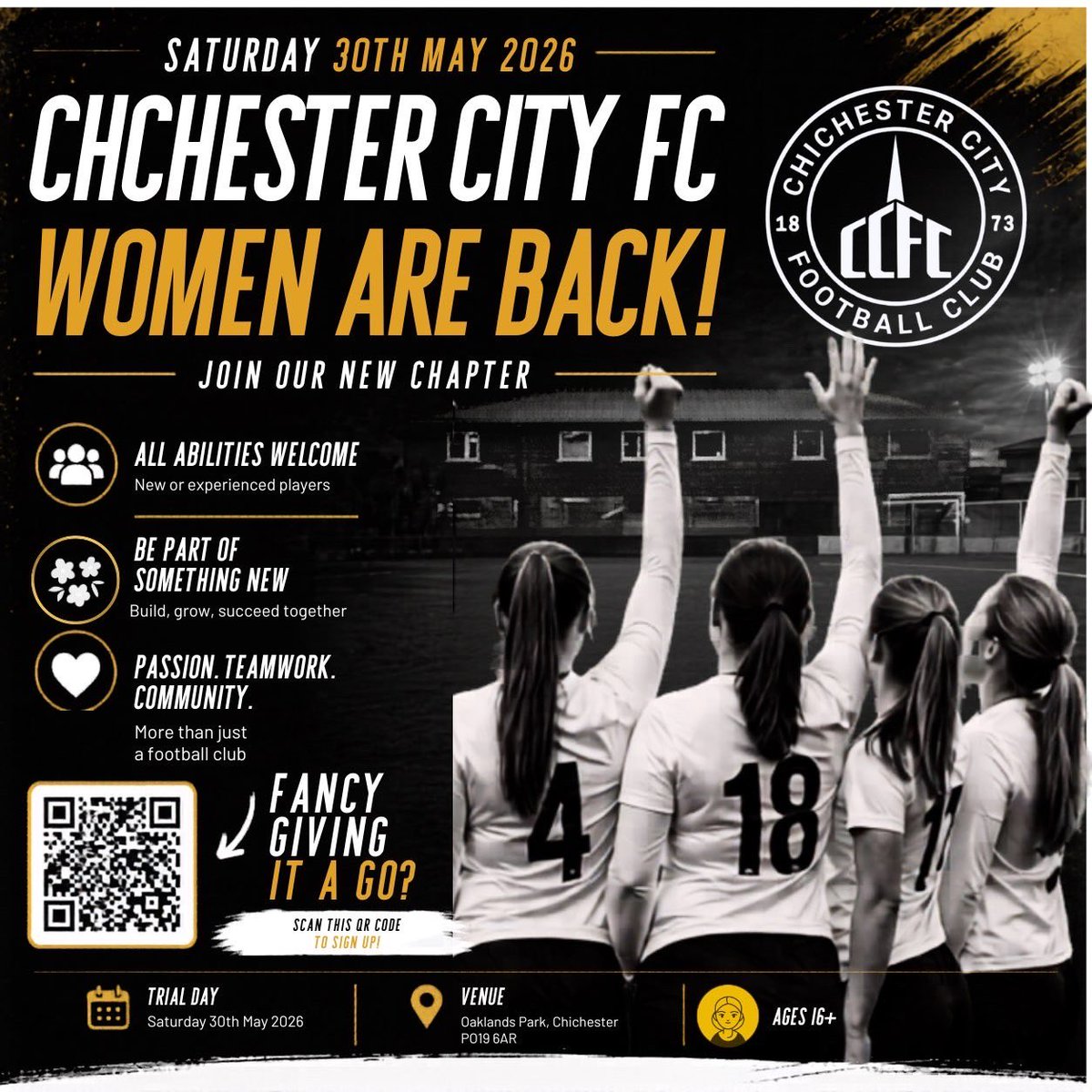 ChiCityFC's tweet photo. 🔔 REMINDER - Our women’s teams trials are later this month on 30th May at Oaklands Park at 10am!

📝 Fancy giving it a go? Sign up through the link below! 

 https://t.co/wty55XSBkM

#upthechi⚪️⚫️ #bv9 https://t.co/6ZWY2NJ3Sw