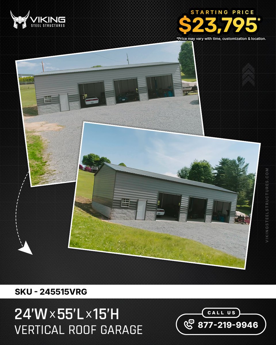 Viking_SteelStr's tweet photo. 24x55x15 #VerticalRoofGarage - built for serious space &amp; style.

✔ Vertical Roof
✔ (2) Sides &amp; Ends Closed w/ Wainscot
✔ (3) 10x10 Roll-Up Doors
✔ Walk-in Door

From $23,795*

Explore: https://t.co/FaaQWfnB3J

📞 877-219-9946 | SKU: 245515VRG

#SteelBuilding #GarageGoals https://t.co/Cy3bvLZM1Z