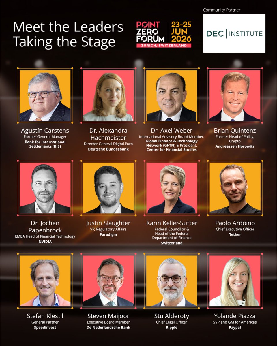 DECInstitutee's tweet photo. 300+ speakers. 3 days. A financial system rewired. ⚡️

See who's taking the stage at #PointZeroForum2026 in Zurich this June!

As a Community Partner, we're offering 30% off the Industry Pass with code PZF26-IND-PTNR-30DISC-DEC

👉 https://t.co/Fk1eJZSvVA

#PointZeroForum #PZF https://t.co/y3FWJTzrjq