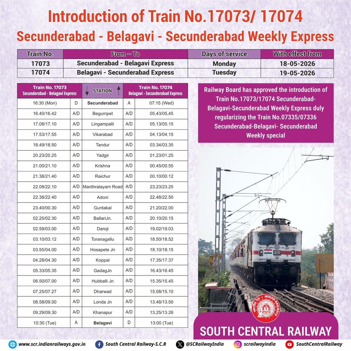 drmsecunderabad's tweet photo. ๐New Weekly Express!
Introduction of Secunderabad โ Belagavi โ Secunderabad Weekly Express enhances rail connectivity and offers greater travel convenience across Telangana, Andhra Pradesh & Karnataka
#IndianRailways #SouthCentralRailway #Secunderabad #Belagavi #WeeklyExpress https://t.co/8B8hHZ4lOT
