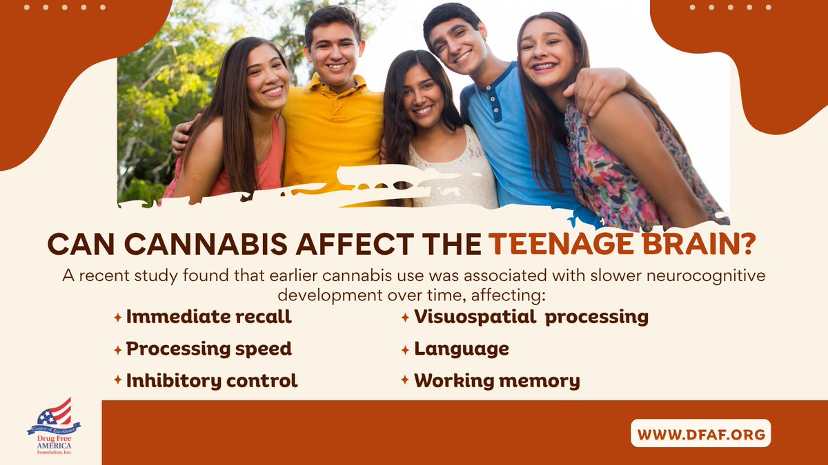 DrugFreeAmerica's tweet photo. New research shows that starting cannabis earlier in adolescence is linked with slower gains in memory, processing speed, inhibitory control, visuospatial skills, language and working memory. This #NationalPreventionWeek let's unite to prevent substance use #StartConversations https://t.co/hdHfnhgzgl