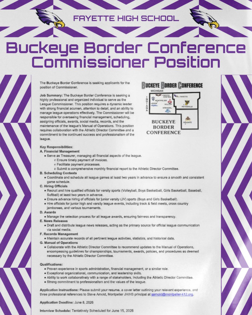 TeamFayette's tweet photo. The Buckeye Border Conference is seeking applications for its commissioner position. If you are interested please submit a resume, a cover letter outlining relevant experience and three professional references to Steve Arnold at sarnold@montpelier-k12.org by June 8th. https://t.co/McYDS5A3IO