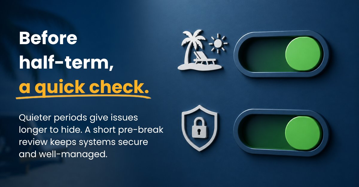 Everything_ICT's tweet photo. With half-term approaching, it’s worth thinking about how quieter periods can affect cyber security.

When sites are less active and fewer staff are on hand, issues such as failed backups, missed alerts or unusual activity can take longer to spot and respond to.

Making sure monitoring remains active, alerts are reaching the right people and backup processes are running as expected can help reduce that risk.

It can also be useful to plan a short set of checks for when teams return, so any issues are picked up early.

A bit of preparation ahead of the break can help ensure systems remain secure and well-managed.

#CyberSecurity #EducationIT #HalfTerm #ITSupport #CyberResilience #BackupAndRecovery #NetworkSecurity #SafeguardingSystems