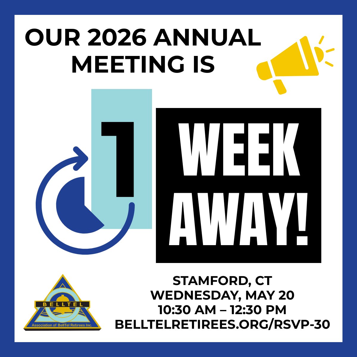 BellTelRetiree's tweet photo. It's almost here — our 2026 Annual Meeting is ONE WEEK AWAY!

Click here for more details, including the RSVP link:
https://t.co/5ZFOQbfE9q https://t.co/Kl1Zp0ZhuC
