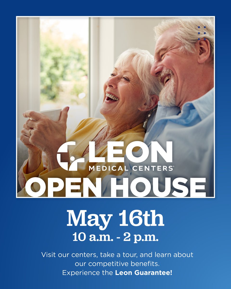 LeonMedical's tweet photo. Wake up with Leon at our Open House! ☕ If you have Medicare or Medicare and Medicaid, visit one of our centers on Saturday, May 16 from 10-2. ⭐ Take a tour and learn about our competitive benefits.

📱Call 305-642-5366 to save your spot
*Not including the Westchester Center https://t.co/zpBx3wwQjD