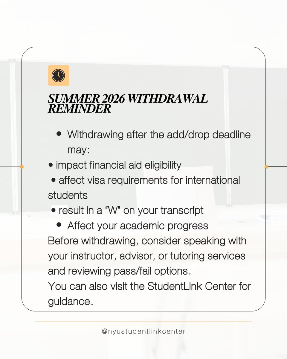 NYUStudentLink's tweet photo. Planning to take summer classes? ☀️ Save these important Summer 2026 academic dates so you don’t miss key deadlines for add/drop, withdrawal, and session start dates. #SLCHasYourBack #Summer2026 https://t.co/LMGw5nfHMk