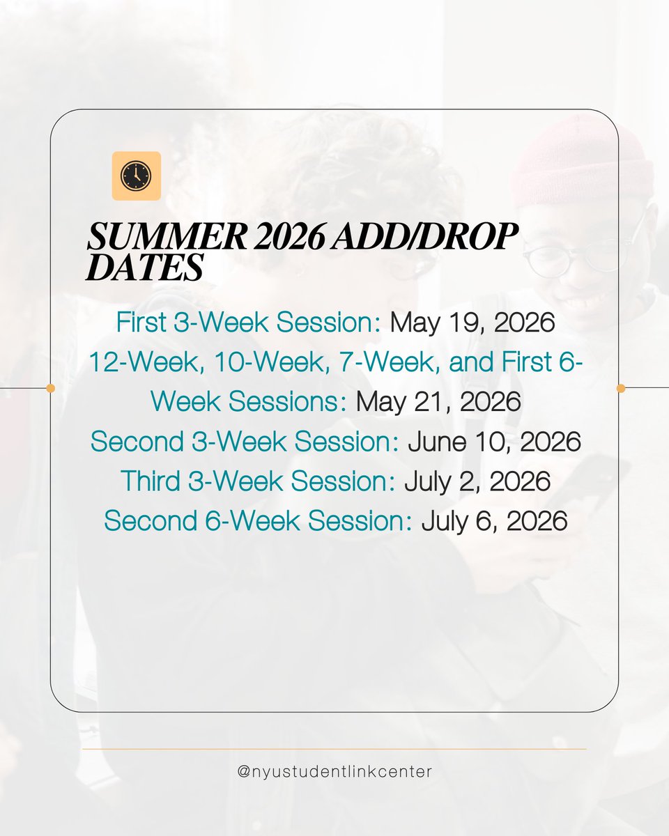 NYUStudentLink's tweet photo. Planning to take summer classes? ☀️ Save these important Summer 2026 academic dates so you don’t miss key deadlines for add/drop, withdrawal, and session start dates. #SLCHasYourBack #Summer2026 https://t.co/LMGw5nfHMk