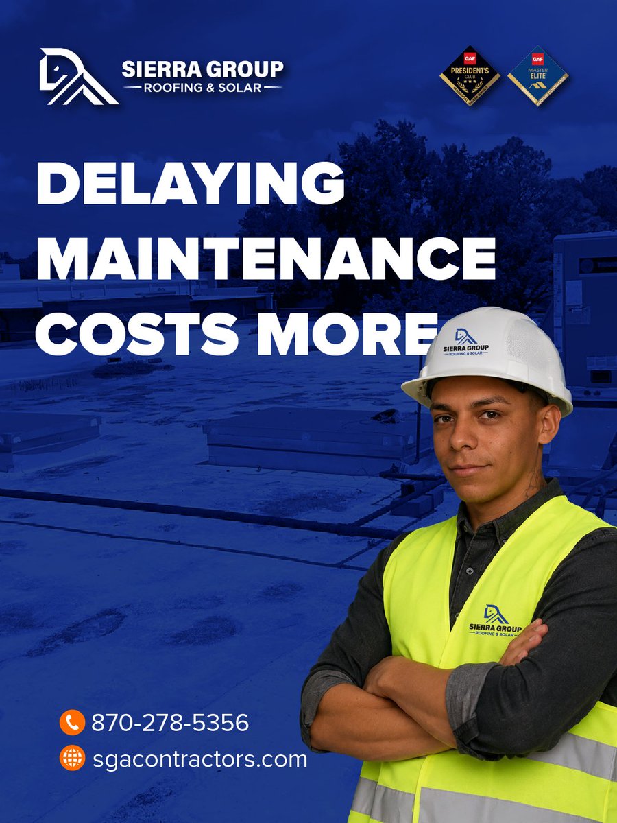 SierraGroupRoof's tweet photo. ⚠️ Delaying roof maintenance can lead to higher costs ⚠️

Small issues can turn into larger problems if left unaddressed.

Request a maintenance plan: https://t.co/seG1SuVOUi

#SierraGroupRoofing #ArkansasMetalRoofs #CommercialRoofing #ResidentialRoofing #ArkansasRoofing https://t.co/gpIbK4WR6N