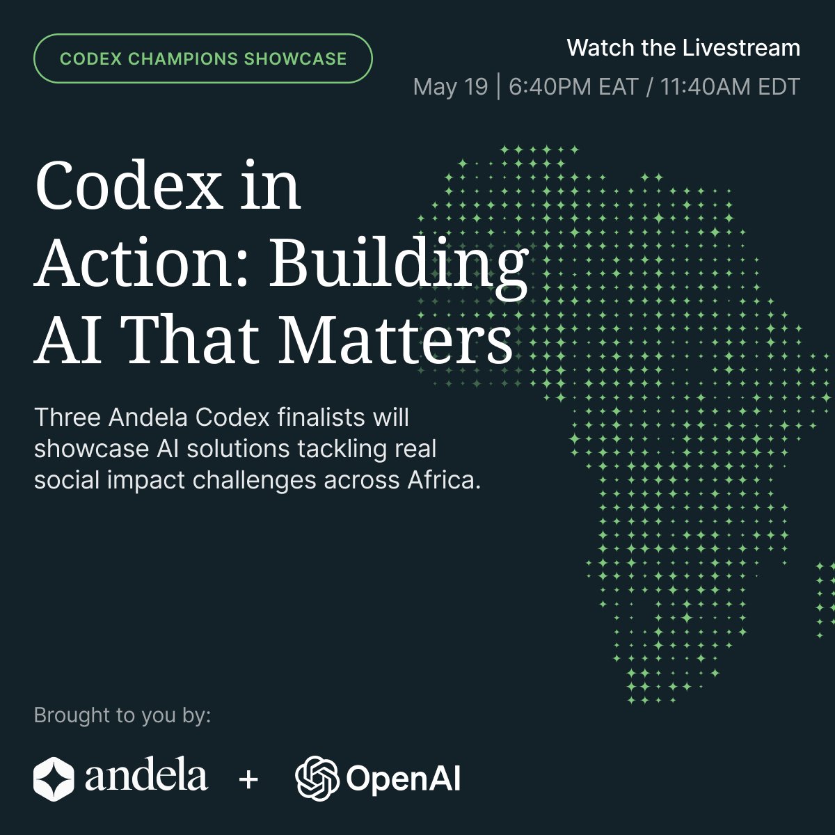 Andela's tweet photo. We’re heading to Nairobi to put Codex into action with OpenAI!

80 Andela technologists are finishing up their 2-week intensive learning program on Codex, working towards a capstone project that will propose real, tech-driven solutions to the biggest problems on the continent of Africa. 

In the program, learners are getting comfortable integrating Codex into real development tasks, applying AI-coded workflows to real-world scenarios, and flexing their creative, problem-solving muscles.

Join us on May 19th as the top 3 finalists present their capstone projects to compete for the $3000 top prize. Streaming live at 11:40AM EDT, 6:40PM EAT on LinkedIn https://t.co/c0mNhPq8d1