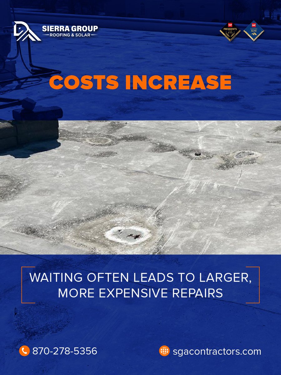 SierraGroupRoof's tweet photo. ⚠️ Delaying roof maintenance can lead to higher costs ⚠️

Small issues can turn into larger problems if left unaddressed.

Request a maintenance plan: https://t.co/seG1SuVOUi

#SierraGroupRoofing #ArkansasMetalRoofs #CommercialRoofing #ResidentialRoofing #ArkansasRoofing https://t.co/gpIbK4WR6N