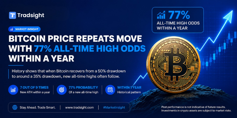 tradsight's tweet photo. 📈 Bitcoin may be setting up for another major breakout.

Historical data suggests that when Bitcoin recovers from a 50% drawdown to around 35%, new all-time highs often follow within a year — and history has repeated this pattern 7 out of 9 times.

🔹 77% probability of a new ATH
🔹 Strong historical market pattern
🔹 Growing institutional interest in crypto

Markets move on probabilities, not certainties — but the current setup is drawing serious attention from traders and investors worldwide.

What’s your outlook for Bitcoin over the next 12 months? 👇

#Bitcoin #Crypto #Trading #MarketInsights #TradSight #BTC #Investing #Blockchain #FinancialMarkets #CryptoTrading
@TrendingBitcoin @BitcoinMagazine @Bitcoin @tradingview