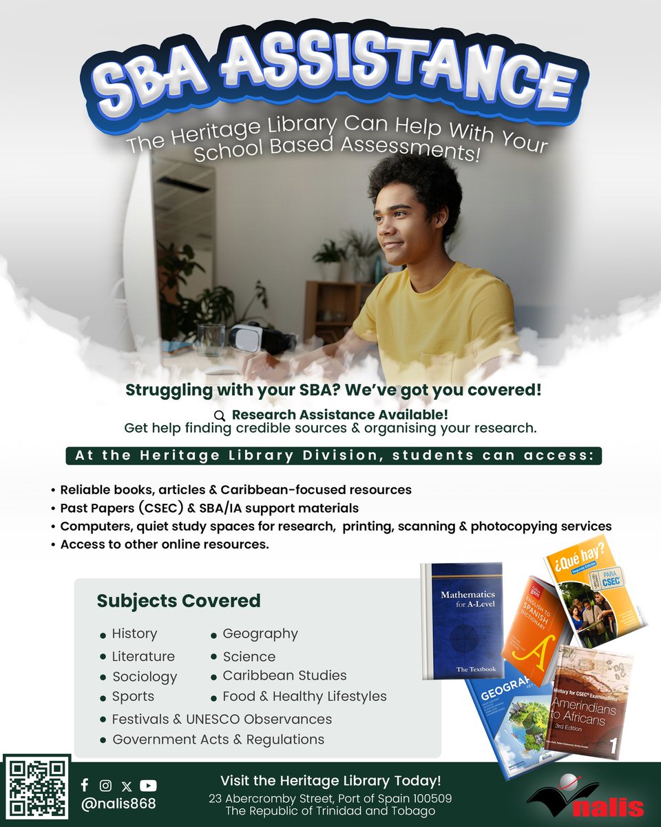NALISTT's tweet photo. Struggling with your SBA? We've got you covered!

No need to struggle finding resources for your School Based Assessments (SBAs). The Heritage Library is here to help! Visit us on the 2nd Floor, National Library Building. https://t.co/pkGfhyqJEy