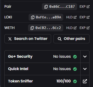Lokitotherescue's tweet photo. Thanks @dexscreener for having the security audits directly on the page. Always good to see green check marks 🐾 https://t.co/dbaKXNRBYb
