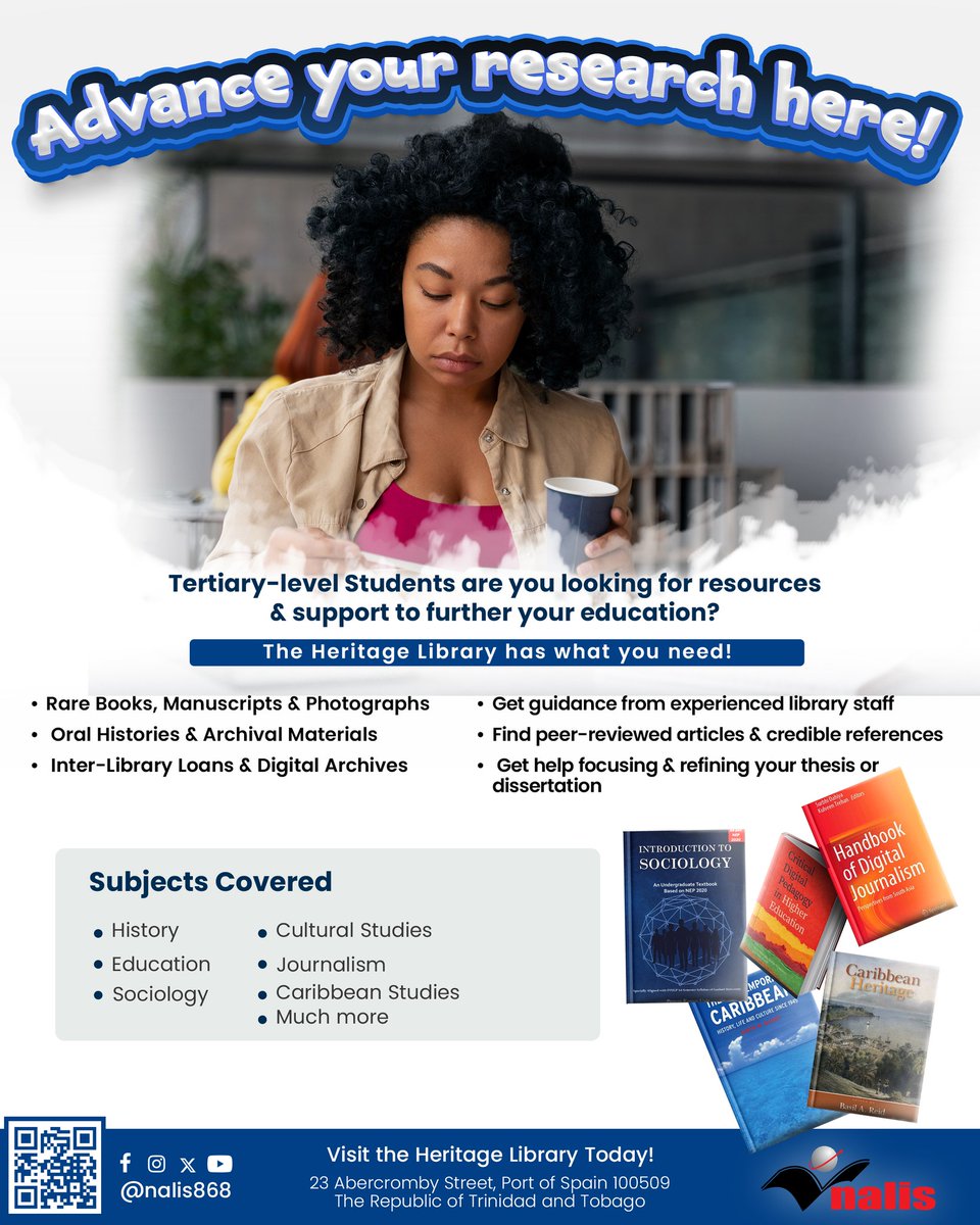 NALISTT's tweet photo. Advance Your Research!
Tertiary level research requires access to rare materials and reliable resources. Advance your research with confidence. Visit the Heritage Library today and discover the resources available to support your academic excellence. https://t.co/GVHrxDW88J