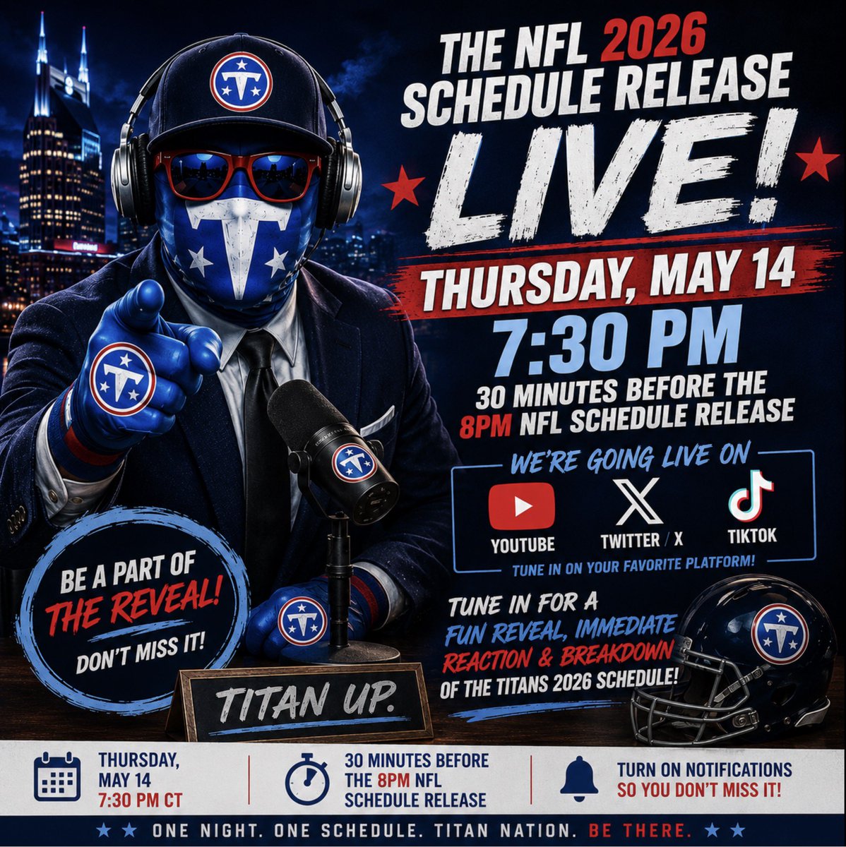 Da2ToneBandit's tweet photo. 🚨 WE’RE GOING LIVE THURSDAY NIGHT 🚨

Pull up with @Da2ToneBandit and the Two Tone TakeOver Network for the 🔥 NFL 2026 Schedule Release LIVE Reaction Show! 🏈⚔️

📅 Thursday, May 14  
⏰ 7:30 PM CT  
🎥 LIVE on YouTube, X, & TikTok  

We going live 30 minutes BEFORE the official 8PM release 👀

If you can’t watch the release yourself… WE GOT YOU 😎

⚔️ TITAN UP ⚔️  
#Titans #TitanUp #NFLScheduleRelease #Da2ToneBandit #TitansNation #NFL #TwoToneTakeover
