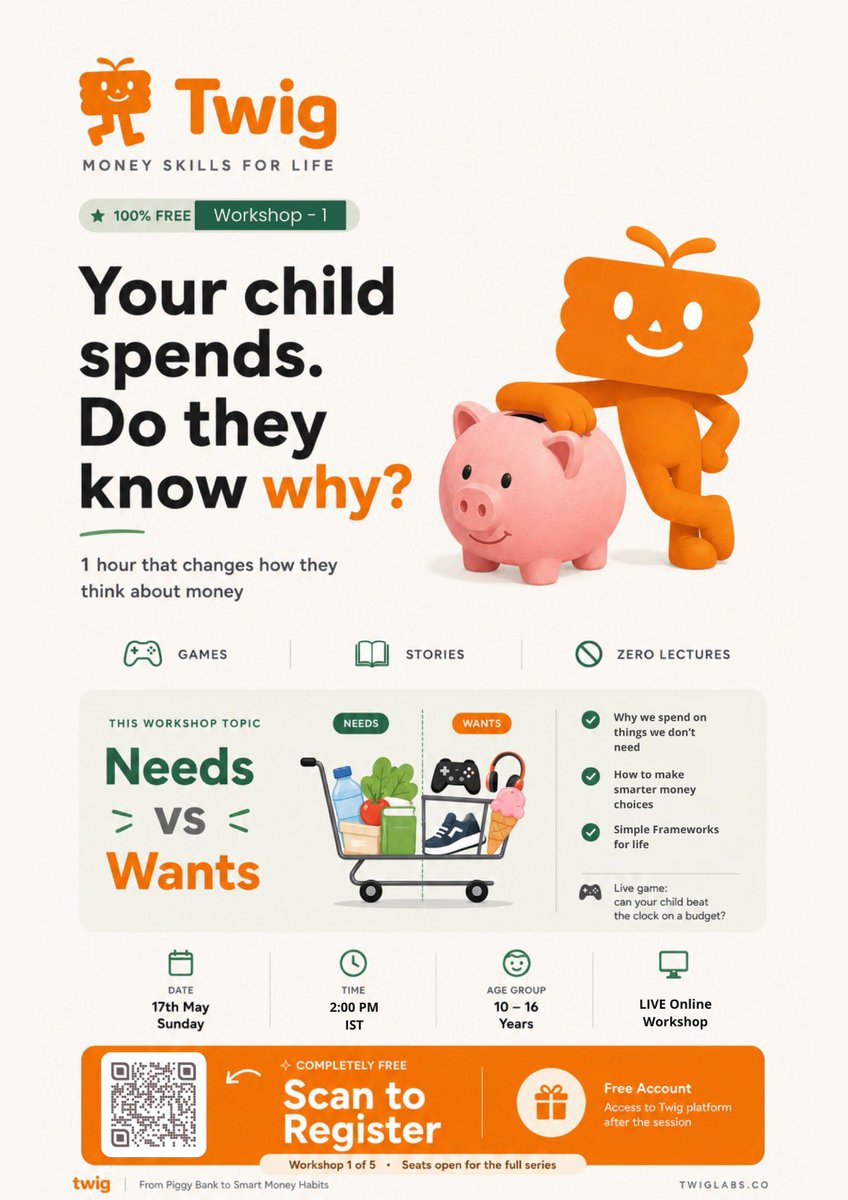 twig_labs's tweet photo. Most learn money through mistakes. We’re trying something better.

🎮 Games📖 Stories⚡ Real-life money decisions🚫 Zero boring lectures

The First Workshop starts with a simple game: Needs vs Wants.

Ages: 10-16

Register NOW - https://t.co/BMyXojTedk

#learnwithtwig #workshop https://t.co/KqWl0ZW45W
