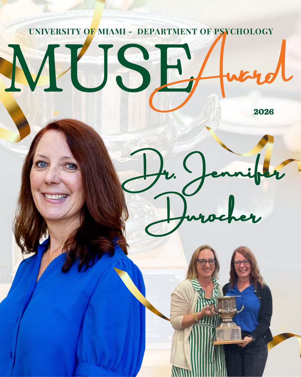 UMiamiPsych's tweet photo. We are thrilled to announce that Dr. Jennifer Durocher has been honored with the 2026 MUSE Award in recognition of her exceptional contributions to undergraduate education and research in the Department of Psychology. https://t.co/8paLfoak6o