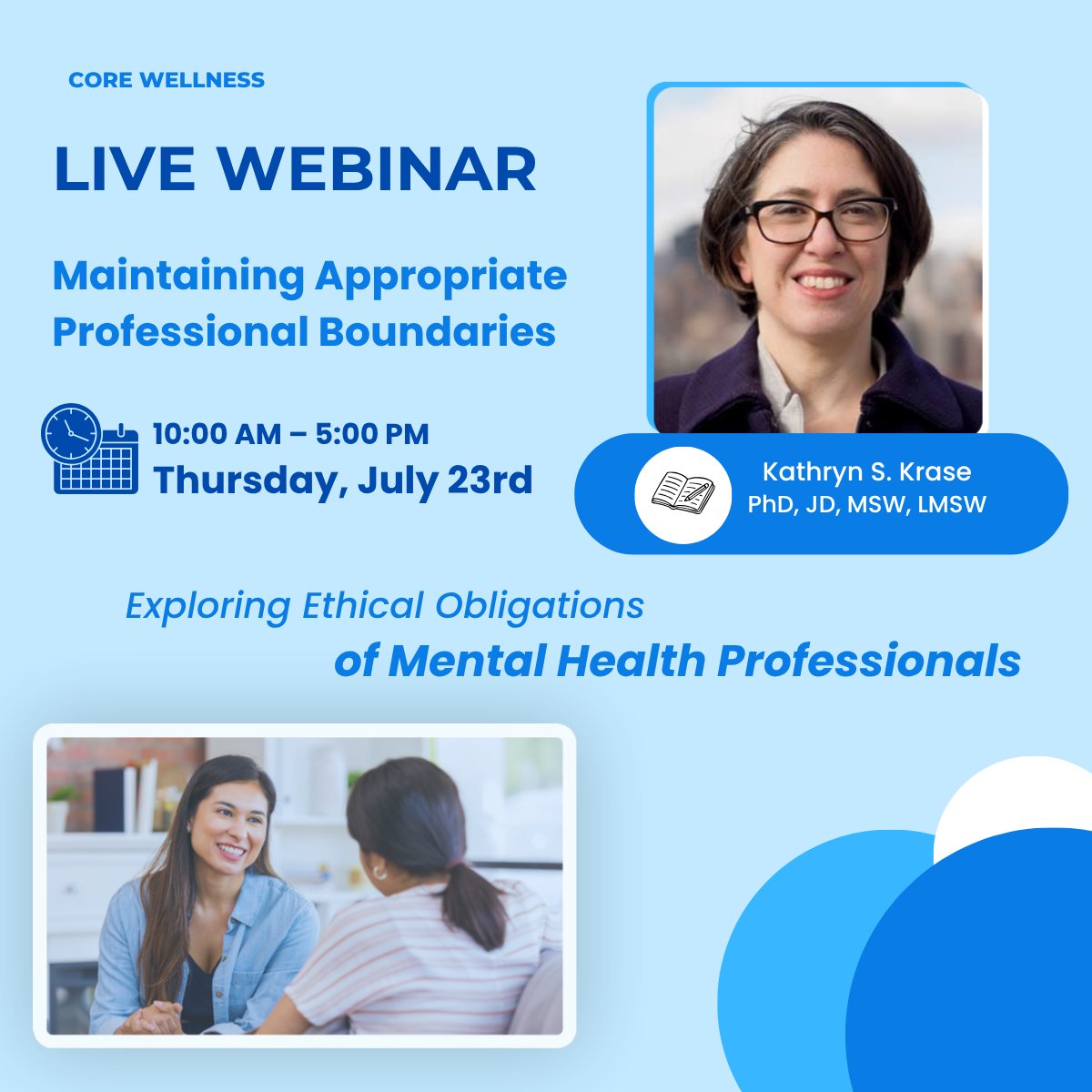 CoreWellnessCEU's tweet photo. 🧠 Strengthen your ethical judgment &amp; protect your clients.  Join Dr. Kathryn Krase’s live webinar on navigating dual relationships &amp; boundaries. July 23. 3 CE Credits.

Save 20% w/ code MHMAY26 thru May 15! Learn more &amp; register: https://t.co/qdlRrv9RMa 

#MentalHealth #Ethics https://t.co/FOE8RzAXfI