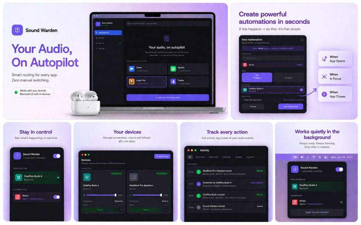 astrolabs21's tweet photo. I built Sound Warden for macOS because I got tired of manually switching audio devices all day.
Now:
🎧 Zoom → headphones
🔊 Spotify → speakers
⚡ Bluetooth disconnects → auto restore
Everything switches automatically.
#macOS #Apple #MacApps https://t.co/Gq7cWKgZec