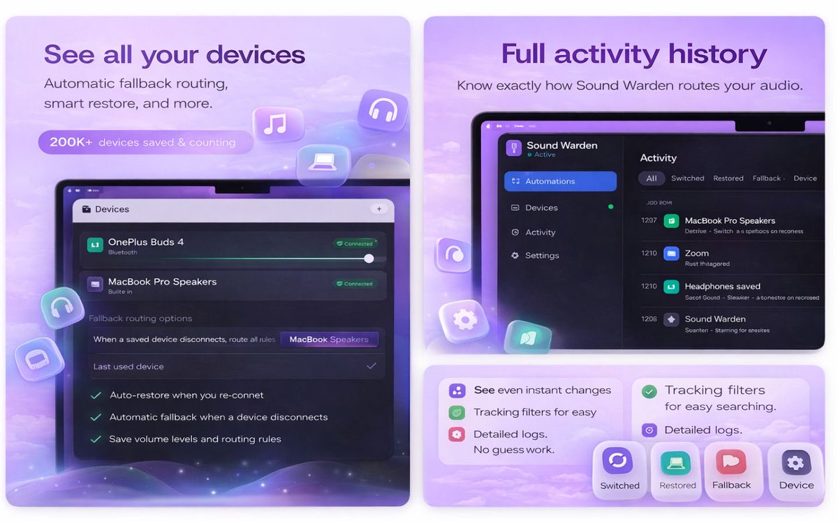 astrolabs21's tweet photo. I built Sound Warden for macOS because I got tired of manually switching audio devices all day.
Now:
🎧 Zoom → headphones
🔊 Spotify → speakers
⚡ Bluetooth disconnects → auto restore
Everything switches automatically.
#macOS #Apple #MacApps https://t.co/Gq7cWKgZec