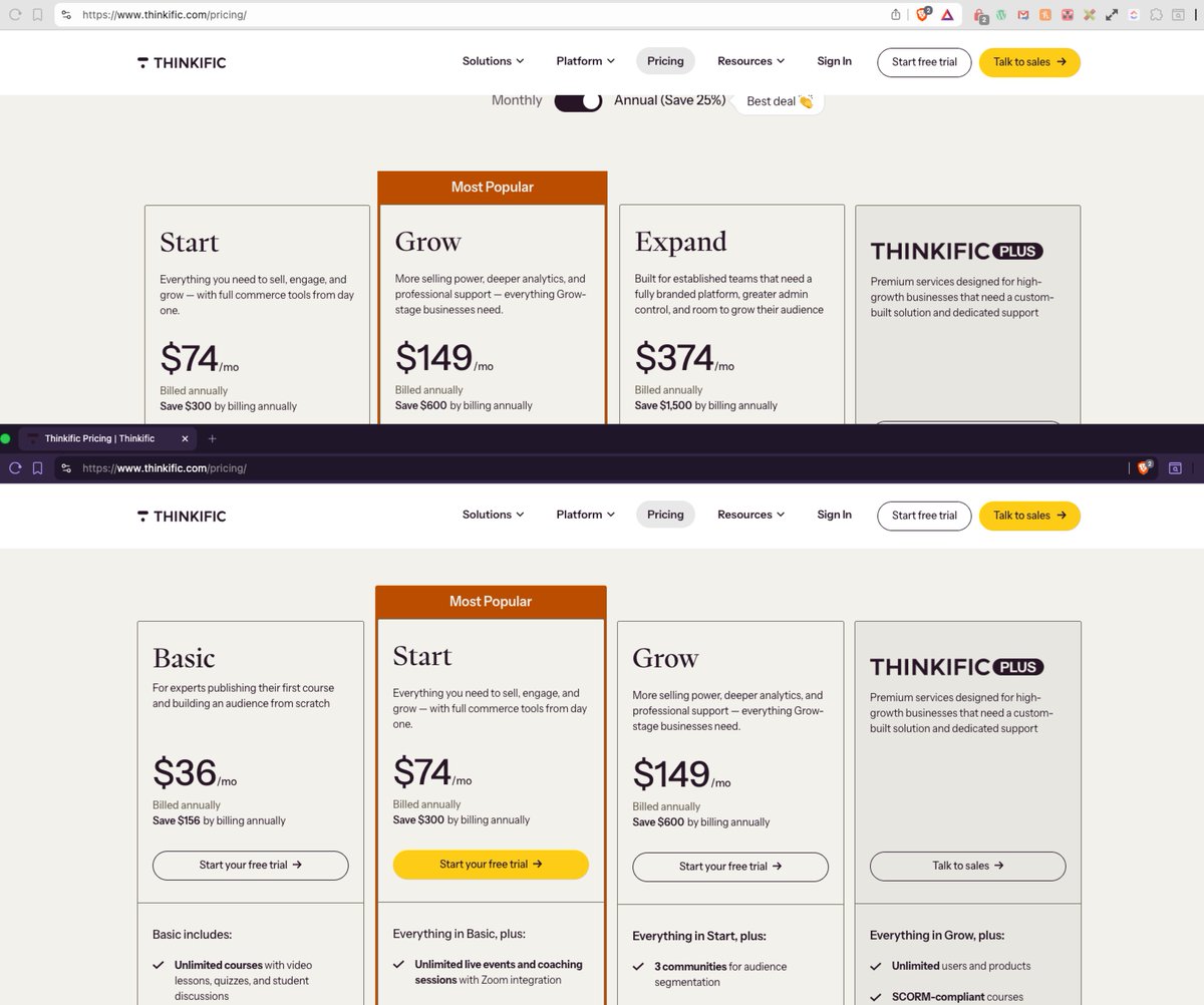 Imeson's tweet photo. I feel a bit betrayed - @thinkific  is giving me different pricing page incognito verse in a browser with cookies and having been recently logged in on a Thinkific account.... https://t.co/b3Agde5NVR