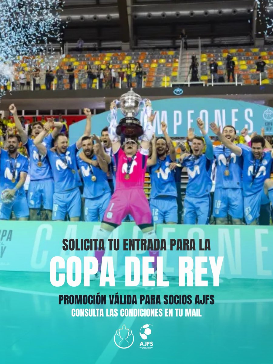 ajfs1998's tweet photo. 🎟️ Si eres socio de la AJFS puedes solicitar tu entrada para la #CopaDelReyFS de Cáceres. 

📆 23 y 24 de mayo. 

✉️ Revisa tu email y disfruta del mejor fútbol sala. 

#SomosAJFS https://t.co/okw3M2ZWQA