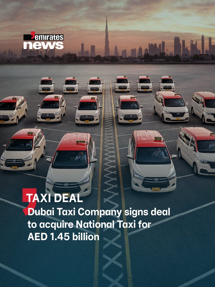 Emirates_News's tweet photo. Dubai Taxi Company has signed a deal to acquire National Taxi for AED 1.45 billion. 
The deal will increase Dubai Taxi Company's market share to 59% from 47% in Dubai and to 12% in Abu Dhabi.

#EmiratesNews #DubaiOneTv #UAE #Dubai #News https://t.co/axTmzLUErR