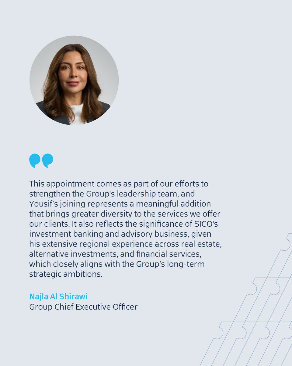 SICOBANK's tweet photo. We’re pleased to welcome Yousif Bucheeri as Group Deputy Chief Executive Officer.

Bringing over 15 years of experience across alternative investments and financial services in the GCC, he will oversee several of SICO’s key business lines, including Investment Banking, Real Estate and Alternative Investments Advisory, Research, and Brokerage across regional and global markets.

This appointment reflects SICO’s continued focus on strengthening its business and highlights the important role of national talent in supporting the Group’s growth journey.