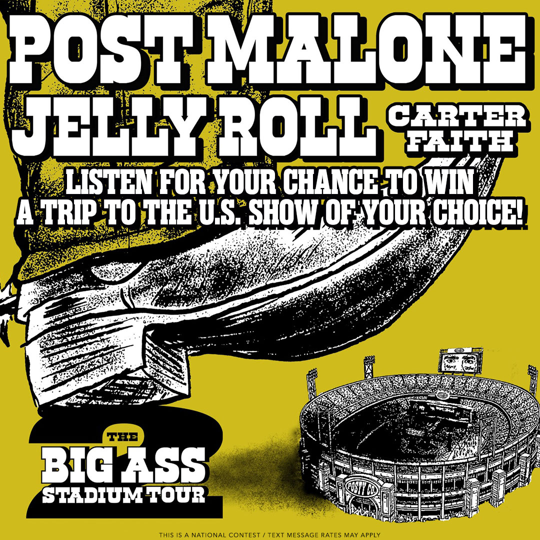 z96fwb's tweet photo. Post Malone &amp; Jelly Roll are blowin the roof off cities across the country w/ the Big Ass Stadium Tour &amp; you get to choose which one you crash! Z96 has the flights, hotel &amp; tickets! pick a U.S. city &amp; we’ll take it from there🎶 Listen for text keywords #Z96 #PostMalone #JellyRoll https://t.co/GOBF7NnQZ9