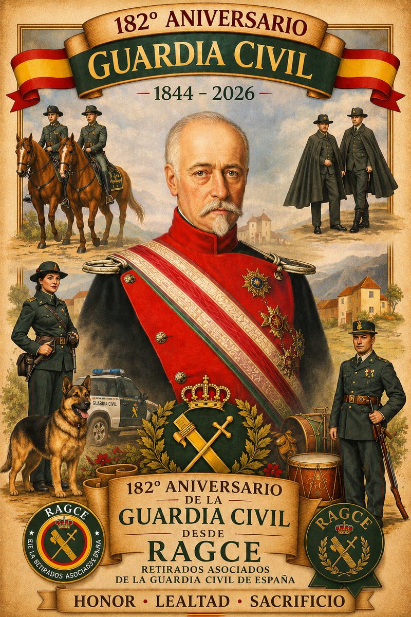 RAGCEasociados's tweet photo. En el 182 aniversario de la fundación de la @guardiacivil, hoy rendimos homenaje a todos los guardias civiles y, especialmente, a nuestros veteranos, ejemplo de honor, sacrificio y vocación de servicio a España.
Su legado y entrega permanecerán siempre en nuestra memoria. 🇪🇦 https://t.co/sjPBK1YNpH