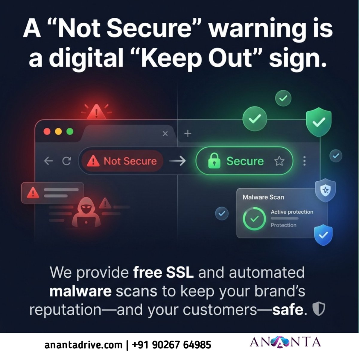 anantadrive's tweet photo. ⚠️ A “Not Secure” warning is your website’s red flag.
Protect your visitors with SSL security & automated malware scans before trust is lost. 🔒🛡️
#CyberSecurity #SSL #WebsiteSecurity #MalwareProtection #DigitalSafety #TechTips #SecureWeb #CyberAwareness #WebHosting #InfoSec https://t.co/QPDPpWog2l