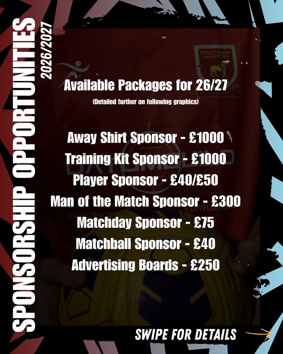 PercyMainAFC's tweet photo. Support Local. Back The Villagers.

Percy Main AFC are now welcoming sponsors for the 26/27 season and we’d love to partner with businesses who care about our community as much as we do. https://t.co/H0OC5sPfRC