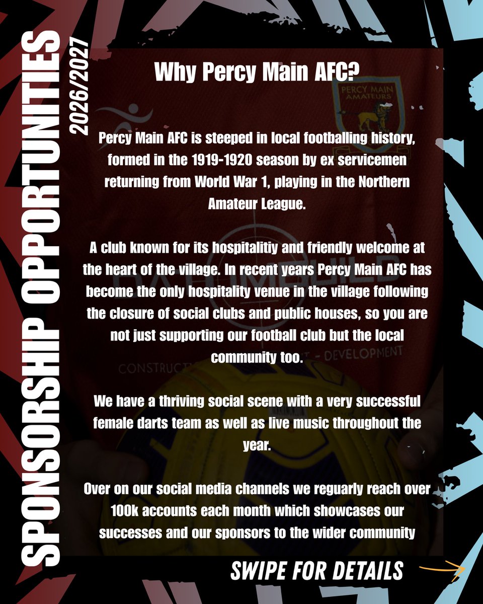PercyMainAFC's tweet photo. Support Local. Back The Villagers.

Percy Main AFC are now welcoming sponsors for the 26/27 season and we’d love to partner with businesses who care about our community as much as we do. https://t.co/H0OC5sPfRC