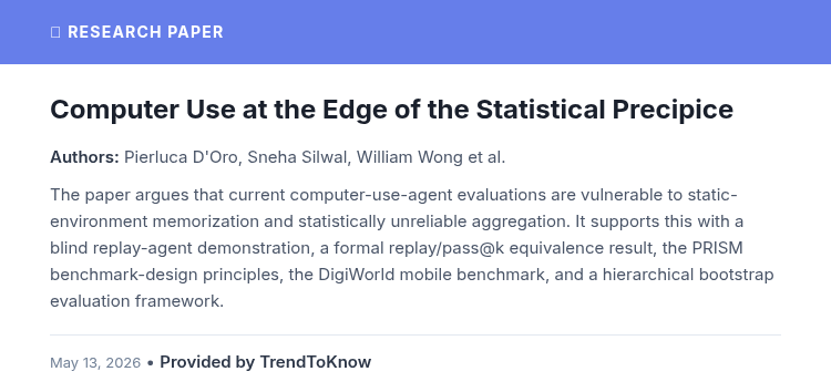 aitrendings's tweet photo. Computer Use at the Edge of the Statistical Precipice
👥 Pierluca D'Oro, Sneha Silwal, William Wong et al.
#AIResearch #MachineLearning #StatisticalAnalysis #Benchmarking
🔗 https://t.co/MlCdwPYNKr https://t.co/nYncO5b28J