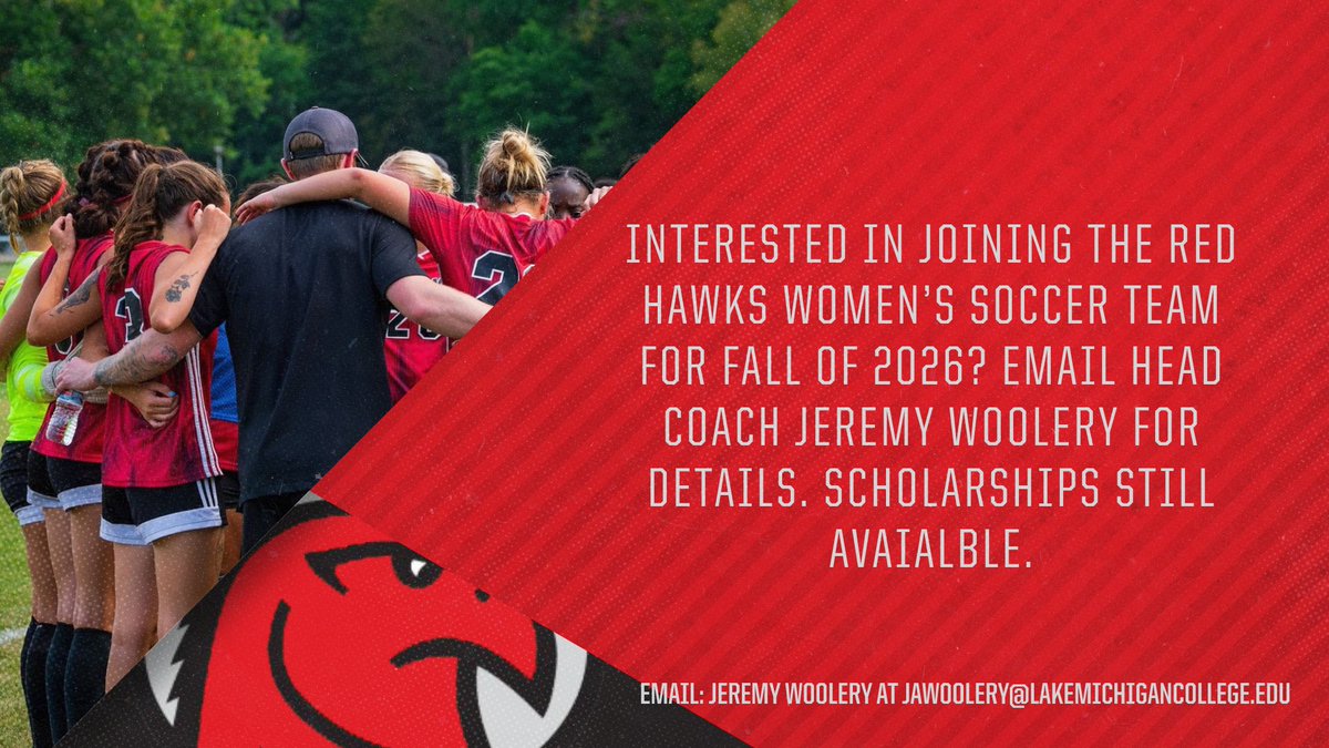 RedhawksWsoccer's tweet photo. Lake Michigan College is looking for a few for exceptional student athletes to join this squad! Please reach out to our Head Coach  Jeremy Woolery to discuss the opportunities. Go Red Hawks! https://t.co/r5NA2z8pgm
