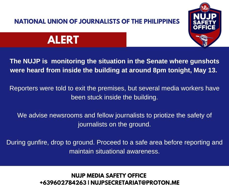 dzrhnews's tweet photo. "PRIORITIZE THE SAFETY OF THE JOURNALIST ON THE GROUND"

BASAHIN: Kasalukuyang binabantayan ng National Union of Journalists of the Philippines (NUJP) ang sitwasyon sa Senado matapos makarinig ng putukan sa loob ng gusali ngayong Miyerkules ng gabi, Mayo 13.

“We advise newsrooms and fellow journalists to prioritize the safety of journalists on the ground," pahayag ng NUJP. | DZRH News

Courtesy: NUJP