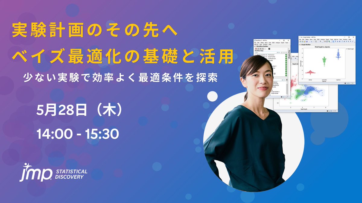 JMP_Japan's tweet photo. 📊JMPセミナー
少ない実験回数で効率的に最適条件を探索する「Bayes最適化（ベイズ最適化）」をJMP Proで実践。

本セミナーでは
✅Bayes最適化の基本とメリット
✅多特性・制約条件を考慮しつつ効率的に最適化を進める方法
を具体例とデモでご紹介します。

▶️お申込→https://t.co/ab0f0jyPrH

#JMP https://t.co/cpulLKxGk9