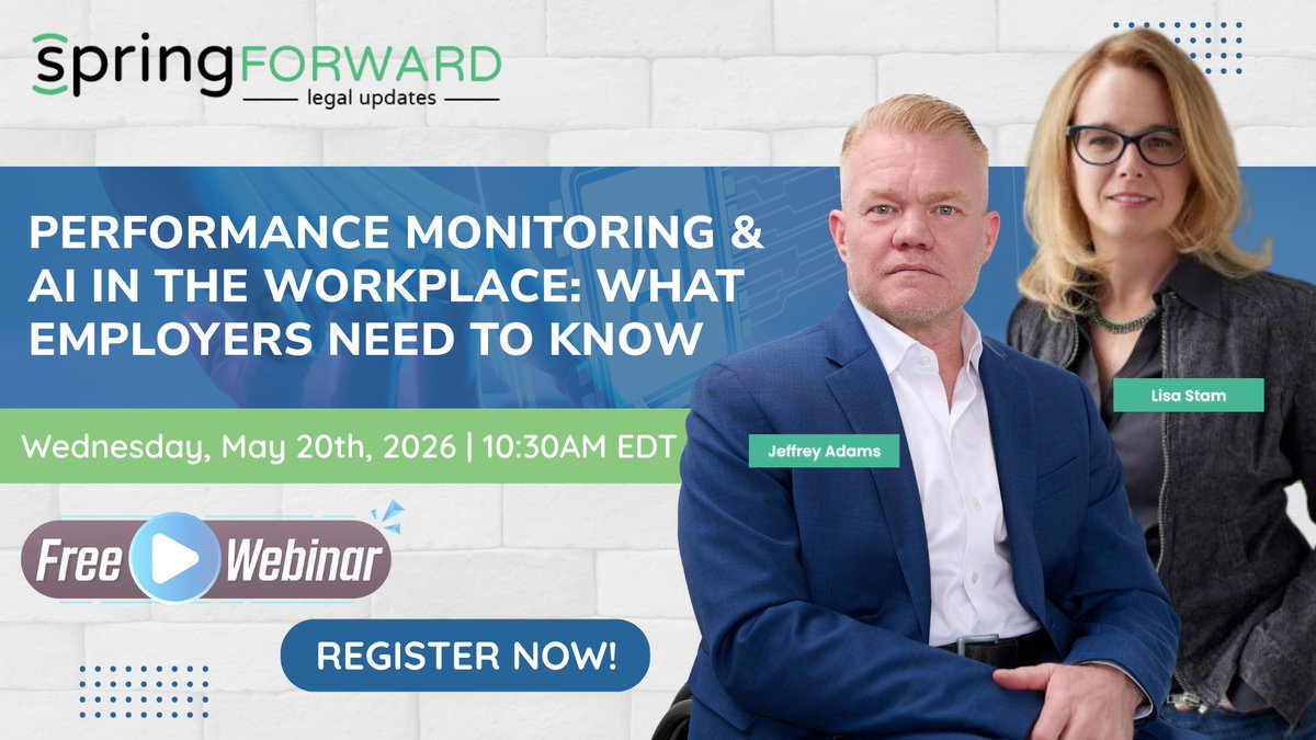 SpringLawFirm's tweet photo. Monitoring employees with AI or tracking tools? That’s where legal risk starts.

From keyboard tracking to AI hiring, small missteps can lead to wrongful discipline + human rights claims.

Join us!
https://t.co/3bJFH8GMYF

#EmploymentLaw #AIWorkplace #HRCompliance #FutureOfWork https://t.co/3vNFRAIuqs