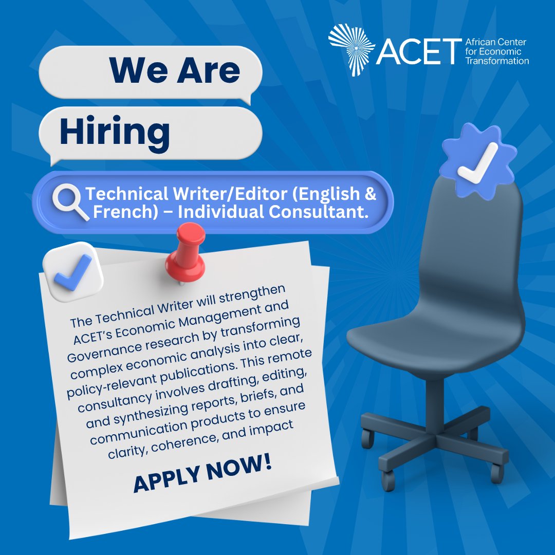 AcetforAfrica's tweet photo. We’re Hiring!

ACET is seeking an experienced Technical Writer/Editor (English & French) to help transform complex economic research into clear, policy-relevant, and impactful narratives.
 
This remote consultancy provides an opportunity to work at the intersection of research, policy dialogue, and strategic communication, ensuring clarity, coherence, and accessibility of ACET’s knowledge outputs.
 
If you are motivated by analytical rigor, policy impact, and Africa‑focused research, we encourage you to apply now.
 
DEADLINE: Tuesday, 26th May, 2026
 
Apply via the link: https://t.co/ZrtztaShFS