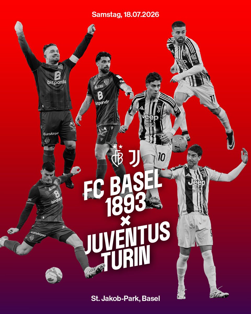 FCBasel1893's tweet photo. 🔴🔵 𝑱𝒖𝒗𝒆𝒏𝒕𝒖𝒔 𝑻𝒖𝒓𝒊𝒏 𝒌𝒐𝒎𝒎𝒕 𝒊𝒏𝒔 𝑱𝒐𝒈𝒈𝒆𝒍𝒊 ⚪️⚫️

✨ Am Tag vor dem WM-Final in New Jersey steht auch im St. Jakob-Park internationaler Fussball auf dem Programm: Am Samstag, 18. Juli 2026 um 15.30 Uhr gastiert der italienische Rekordmeister Juventus Turin zu einem Freundschaftsspiel im Joggeli 🏟️

🎟️ Der Vorverkauf erfolgt nach Abschluss der Saisonkarten-Verlängerungszeit und erfolgt in mehreren Etappen ab dem 2. Juni 2026. Alle Infos zum Spiel und zum Ticketbezug 👉 https://t.co/IUW9tf2dxp

Streiche dir den 18. Juli 2026 im Kalender an, verlängere rechtzeitig deine Saisonkarte und sichere dir damit deine Vorteile im Vorverkauf. So bist du bestens vorbereitet, um dir im Juni dein Ticket für dieses internationale Highlight im Joggeli zu sichern ❤️💙

#FCBasel1893 #AlliZämme #imRotblaueRusch #rotblaulive 
@juventusfc