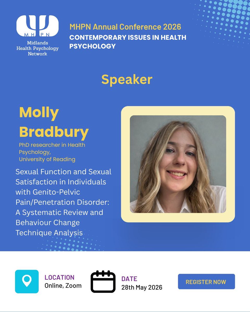 MidsHealthPsych's tweet photo. Introducing our speaker Molly Bradbury!

Her talk explores “Sexual Function and Sexual Satisfaction in Individuals with Genito-Pelvic Pain/Penetration Disorder”: a systematic review and behaviour change technique analysis.

🎟️ Get tickets:
https://t.co/vAxXDVZHit
#HealthPsych https://t.co/y3VWB0K7SX