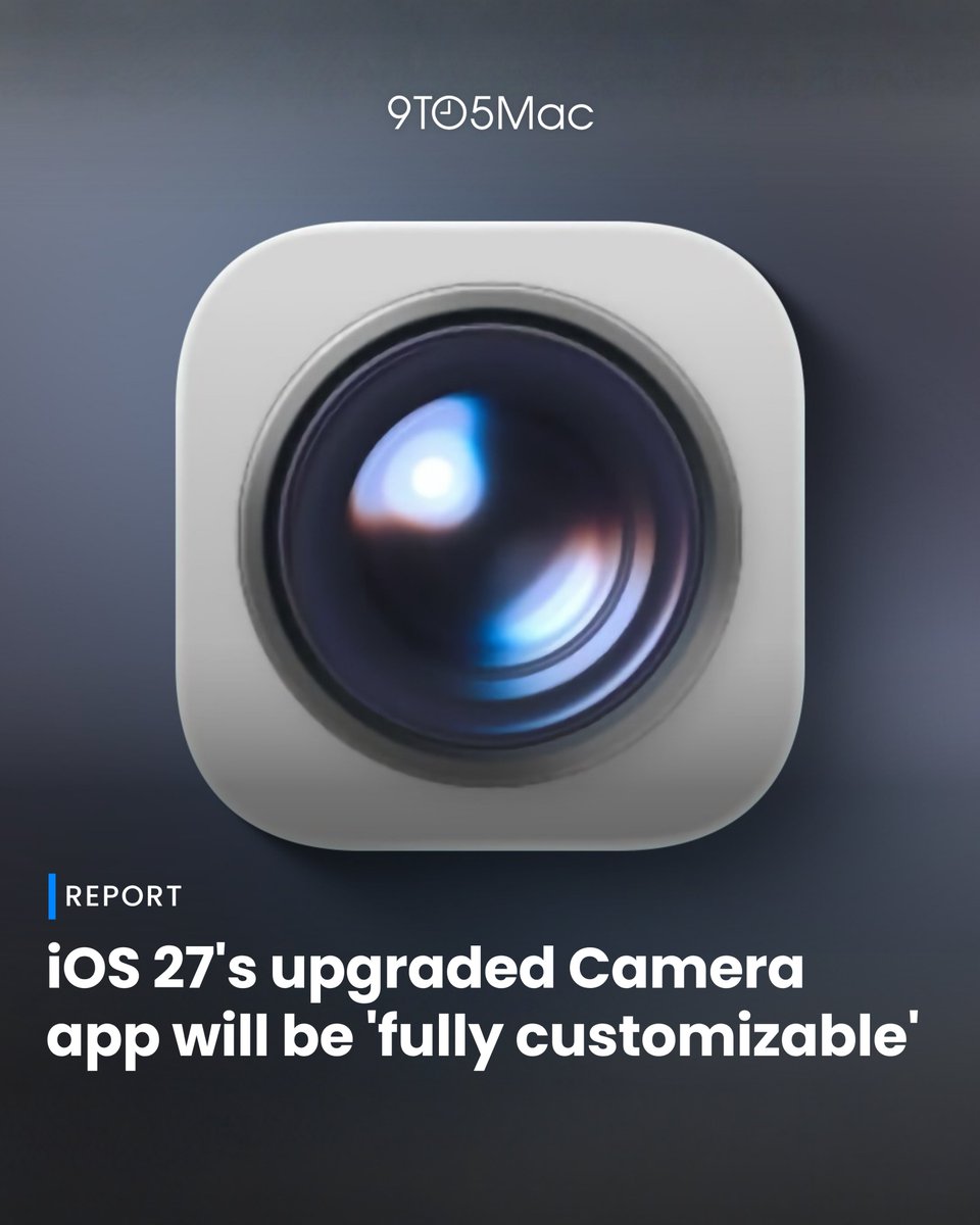 9to5mac's tweet photo. iOS 27 will make the iPhone's Camera app fully customizable, per Bloomberg.

Users will pick which controls appear and where, with each shooting mode getting its own widgets via a transparent tray that slides up from the bottom.

ICYMI https://t.co/UzhmLvqzdF https://t.co/U8rHqUqNfN