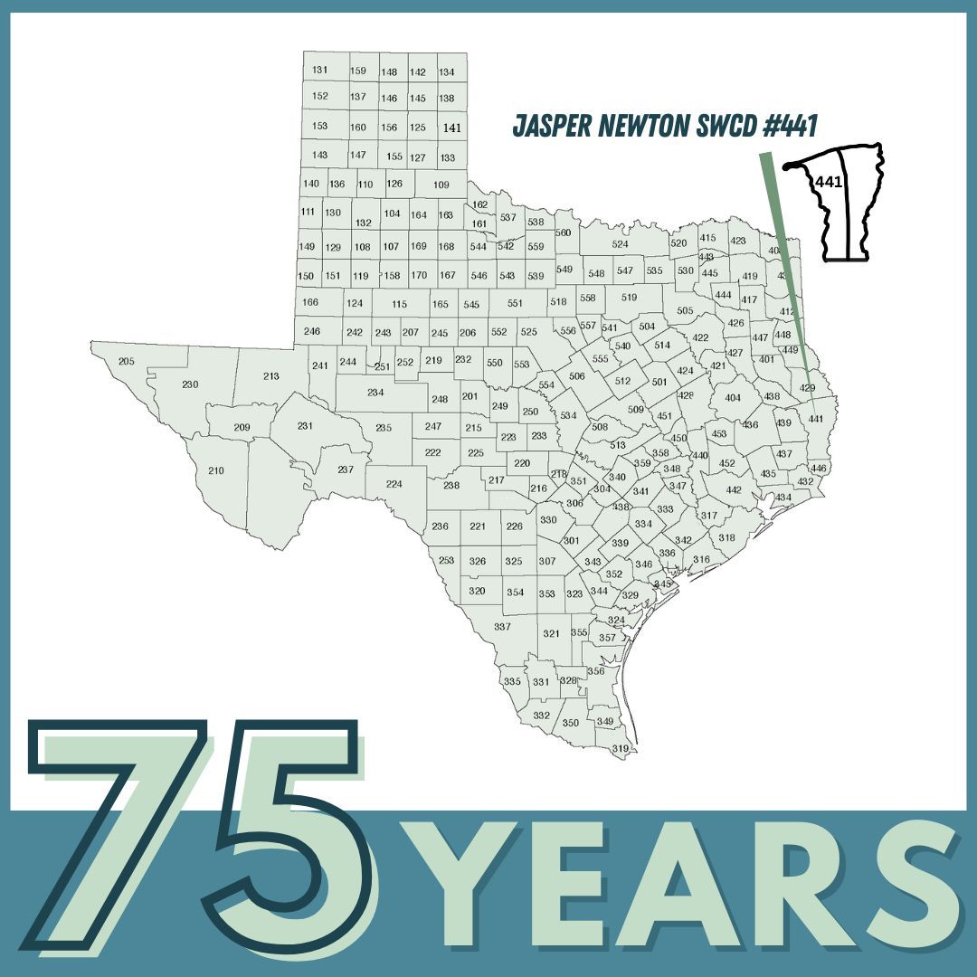 TSSWCB's tweet photo. Celebrating 75 years of conservation excellence! For three quarters of a century, Jasper-Newton SWCD #447 has worked to protect natural resources, support local producers, and strengthen their community. Here’s to a legacy of stewardship and many more years of impact to come. 🌱 https://t.co/369p7vtPQT