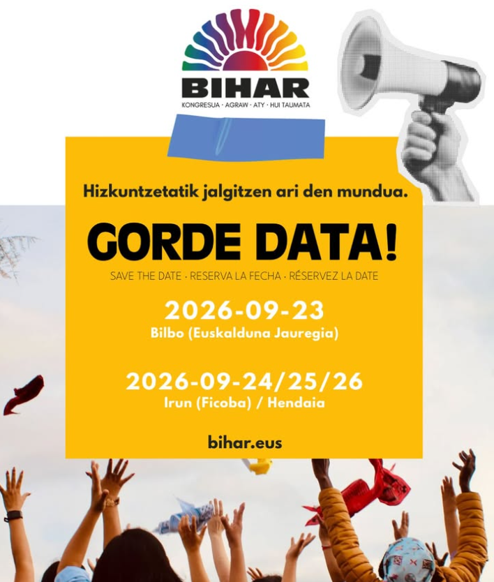 garabide's tweet photo. Gorde data!

#BIHAR eduki akademikoak, gizarte-aktibismoa eta arte-adierazpena uztartuko dituen nazioarteko kongresua izango da.

Noiz? 2026ko irailaren 23-26
Non? Euskalduna Jauregia · Ficoba · Hendaia

Izen ematea jada zabalik da! https://t.co/POIzxlVHpO https://t.co/8cRmfvm1Jd