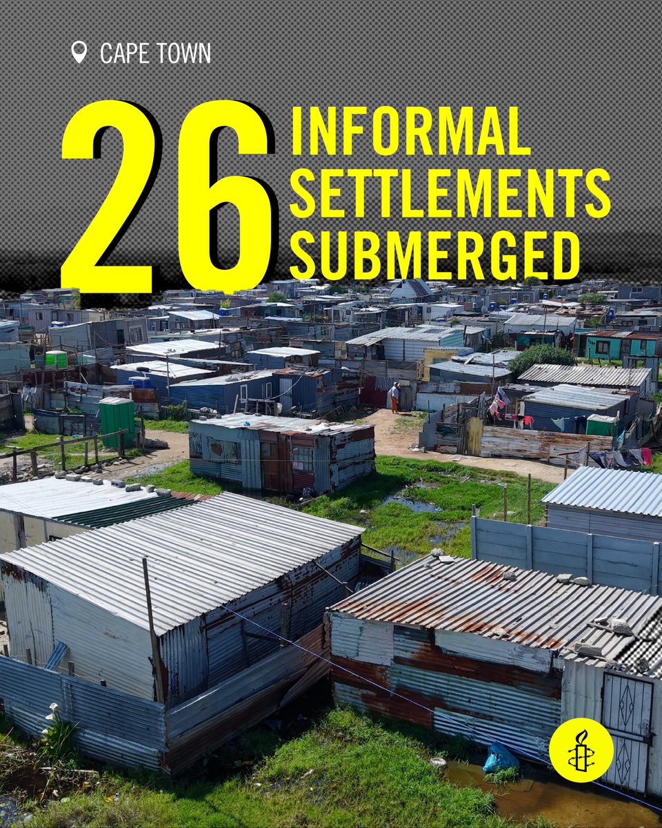 AmnestySAfrica's tweet photo. 🚨‼️ 26 informal settlements have reportedly been submerged by severe storms in Cape Town. @CityofCT @GovernmentZA @NationalCoGTA must mobilise all the necessary human, financial and technical resources to ensure the swift delivery of adequate and quality goods and services to communities affected by the floods.

More than five million people live in South Africa’s informal settlements. The upgrading of informal settlements is a key measure to ensuring they have access to adequate housing, yet this process is far too slow and must be urgently prioritised. It is unacceptable that the people who have contributed the least to climate change are the worst affected by its impact. @The_DHS must act faster in building climate-resilient communities – safeguarding the right to access adequate housing in the face of increasing extreme weather events and the climate crisis.