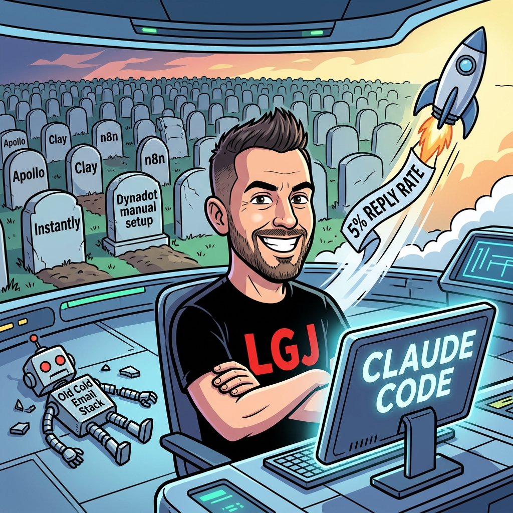 leadgenjay's tweet photo. I rebuilt my entire cold email system inside Claude Code.

No Apollo. No Clay. No n8n.

One AI chat window now handles scraping, verifying, writing, and deploying full campaigns.

Reply rates jumped from 2% → 5%.

My exact process below: 🧵 https://t.co/S7WdrMOnNR